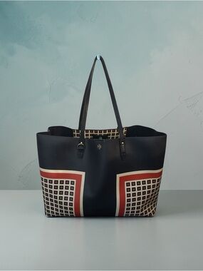 Tory Burch Kerrington Square Tote Navy Blue Red Geometric